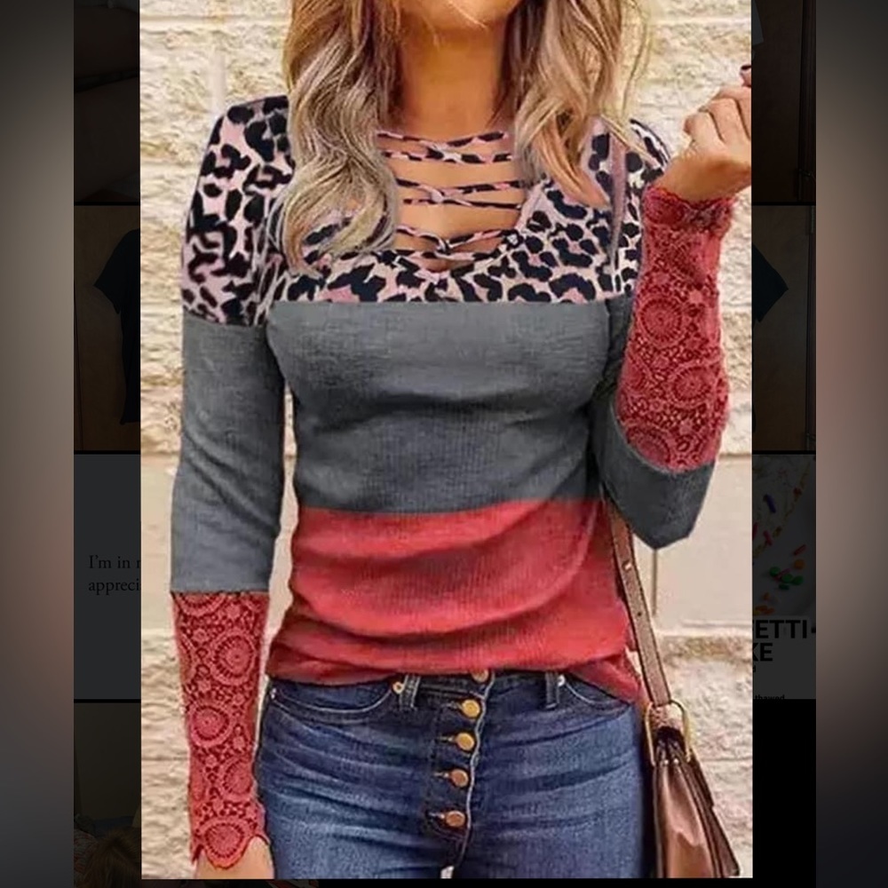Leopard Gray and Red Color Block Long Sleeve
